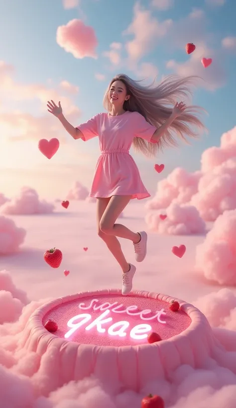  Photoshoot jump , a beautiful korean woman long hair ombre silver,  wearing a pink dress shirt, jump on a fruit round pudding,  has written "sweet qkae " lit pink color , background of clouds and many floating and melting fruits 