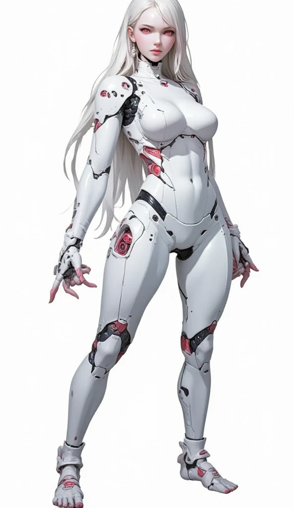 AI woman with cyberbody, very tall, with thick thighs, wide hips, long legs, and a slender waist. Dark red glowing eyes, long flowing white hair. Nothing in her hand. Alluring, looking directly at the camera. Giant ultrafast dichroism and birefringence wit...