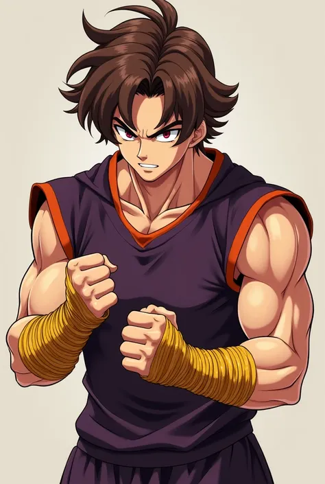 man,  brown hair , well-groomed but plentiful hair, dark purple sleeveless t-shirt with deep orange edges, with gold bandages that cover from their elbows to their fists, with a classic fighting pose , Anime fighting style.