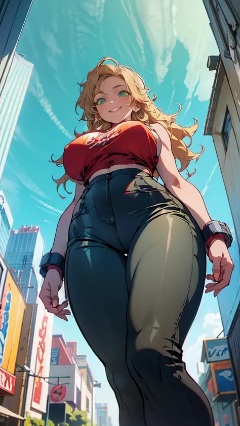 highest resolution,8K quality,Beautiful smiling anime girl, tight leather pants, red tank top with big breasts and wide hips, urban landscape, Whole body, ((view from below)), urban landscape,evening, Blonde hair and green eyes 