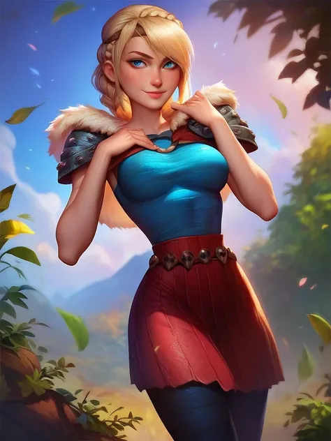 Score_9, Score_8_up, Score_7_up, 1girl, dynamic pose, cowboy shot, looking at viewer, sexy pose, sexually suggestive, naughty face, dutch angle, valley, greenery, touching hair, 
 AstridXL, blonde hair, blue eyes, braid, shoulder armor, shoulder pads, very...