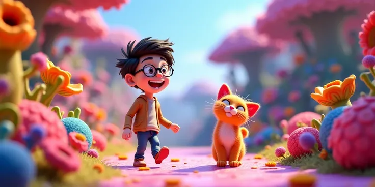 3d animation Ardi the nerdy  walked along the path with Lumo the rainbow cat beside him, both of them laughing and enjoying the beautiful, colorful scenery around them.