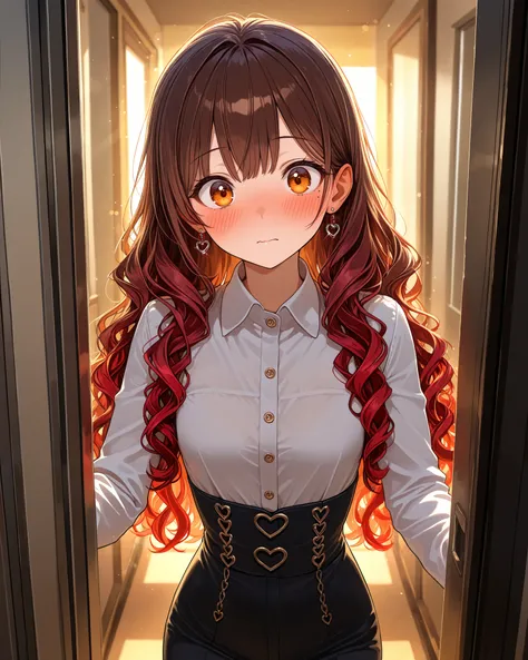 a surprised expression, embarrassed, very cute face, cute girl, solo, long hair, wavy hair, ((brown hair with red ends)), Mole under the left eye, orange eyes, flat breasts, taut collared shirt, heart Pierced earrings, blush, Corridor, flawless smooth ski...