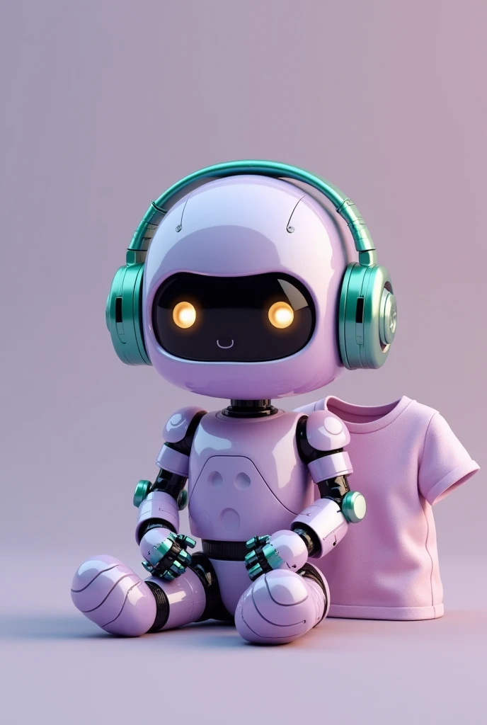  Lilac robotics with apple green metallic headphones , little round eyes  , That you are sitting with a t-shirt 