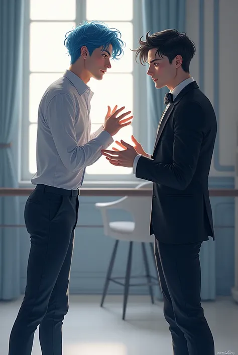 Blue-haired boy male ballet teacher, With a black-haired jet-haired businessman, THEY ARE BOTH MEN,