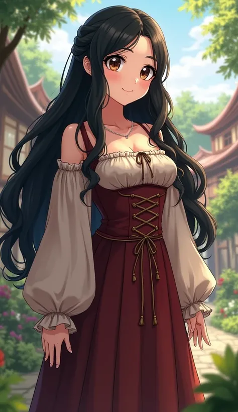  black hair,  smiles,  dark brown eyes,  full body,  Closed Mouth,  high quality,  wavy hair standing in front of the garden, Anime Style, Anime,  character design, Plus Size,  curvy,   digital art , Young Adults,   very long hair, bustling town background...