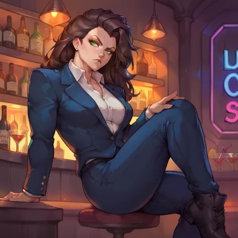 strong female wearing a navy blue business suit, wearing a navy blue suit pants, has brown straight hair, has green eyes, sitting on a seat inside of a nightclub, looks dominant, has an annoyed look on her face, snarky, looks unimpressed, is the boss, musc...