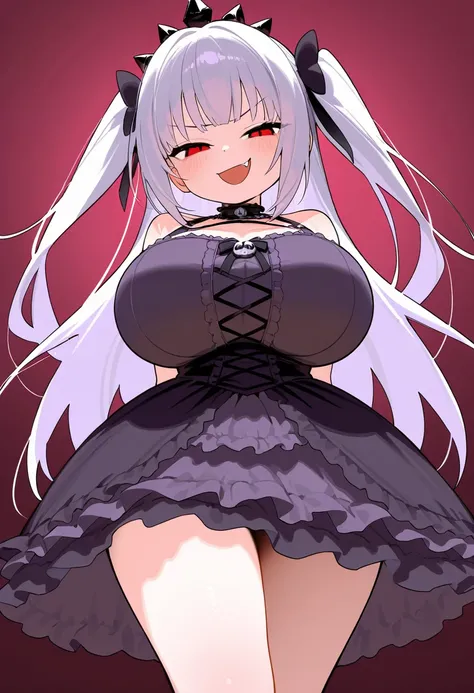 Cute girl, Petite body, loli, huge breasts, evil smile, smug face, fang, wide hips, cute dress, evil laugh, princess girl, brat, goth dress, cute, 1girl, Solo, High Resolution, Bangs, 