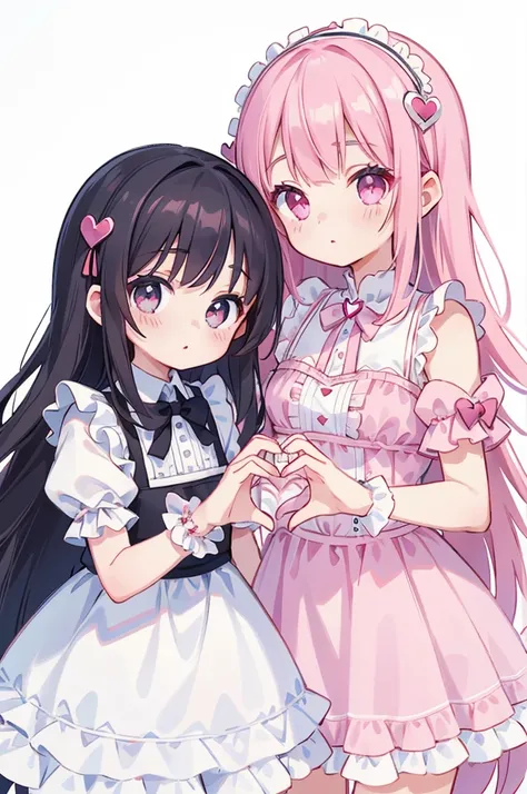 2 Girls,  gothic lolita,   White Background ,  cute eyes ,   sparkling skin , (masterpiece), ( best quality),(Pink Wanpisu )( white dress)(( heart shaped hands ))Delicat eyes、 Delicate Eyes(8k、masterpiece、 best quality、)((2girls))