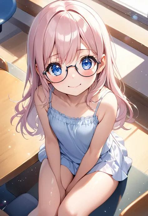 knees up , sit,Bangs, camisole,indoor, small breasts,Smile ,curvy,(embarrassed expression), rimless glasses, Shiny hair, light particles ,｛Elementary school students｝ ,light pink hair, from above,1 girl, solo, fine hair ,transparent hair, Very beautiful bl...