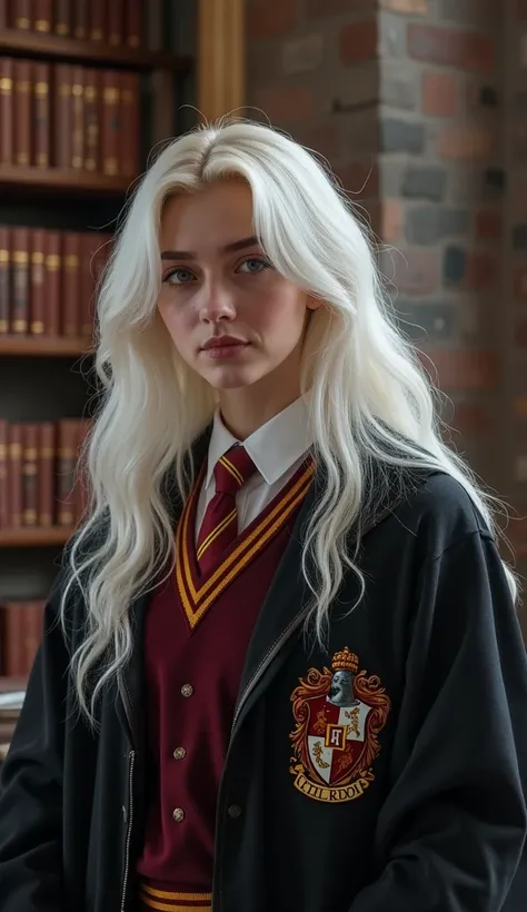 Billie Elish long white hair in Hogwarts uniform house gryffindor ,inside a magic library   ,realist,ultra realistra ,ultra HD ,ultra 8k 