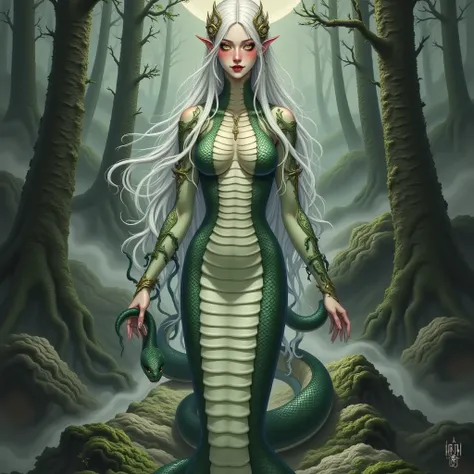 " is called “Snake Woman , depicts a beautiful and scary woman ，The upper body is a human figure ，The lower body is in the shape of a snake .  Her figure has a smooth , pale,  Her long dark hair flutters gracefully , partially covering her glowing Kanekoen...