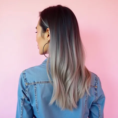 "A rear view of an Asian woman with ash-colored balayage hairstyle. She is wearing a denim shirt, and only the upper part of her body (shoulders and above) is visible. She has large hoop earrings, and the background features a soft pink gradient. The image...