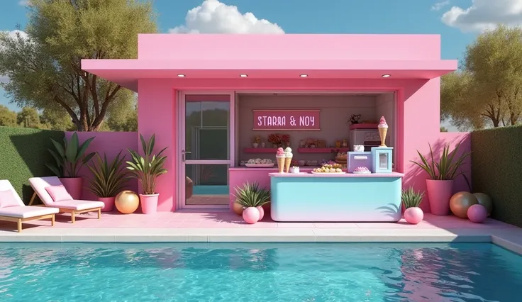 On a patio of a modern house with pool ,  has a table of pink and light blue snacks , Next to an ice cream stand that is half pink that says "team girl" And the other half that is Celeste that says "team boy"  around decoration of a striking genre revelati...