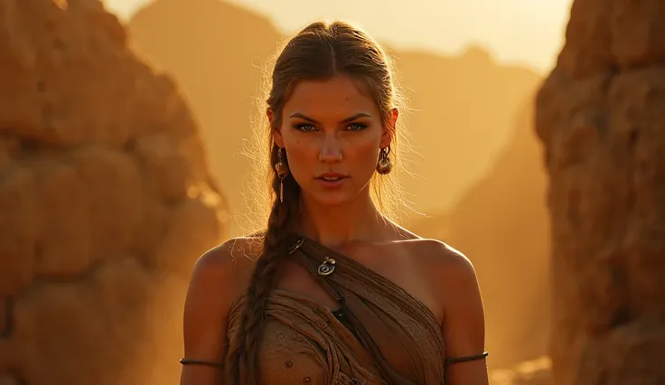 A dynamic, strong woman looking at the camera with confidence, representing a tough warrior from ancient history.Warm lighting with a golden hue to create an ancient, timeless feel.