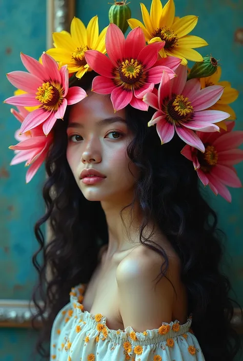 
Create a surrealistic and dreamlike image of a French model, using only the colors purple, yellow, red, blue, cyan, silver, light silver and green. The composition must include passion fruit flowers and cactus flowers, which adorn the model's head and fal...