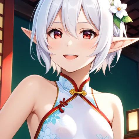 nsfw
kokkoro princess connect!,white hair,short hair,elf ears,hair between eyes,red eyes,white flower ornament on hair,small breasts,bare shoulder,smile,tsurime, Close-up of girl, seductive smile, open mouth, Bare navel, China Cheongsam,