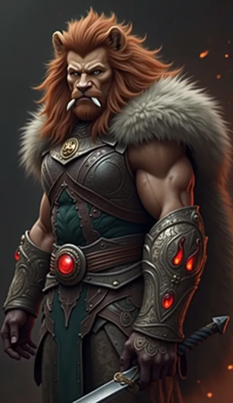 " Create an epic warrior with a human appearance ,  but with a subtle fusion of feline features ,  especially of a lion .  Her skin has a slightly orange tone ,  reminiscent of a lion's coat .  She has a serious and determined face ,  with strong and well-...