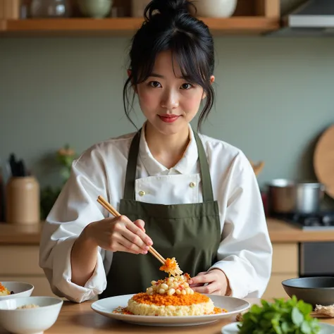  is present、 is present、 for a photo shoot、 best quality、 super high resolution、 Japanese woman in a messy room、Photographing the upper body、 hair is messy 、 business blouse 、 eats, looking at camera,A cute female chef is preparing a beautifully decorated ...