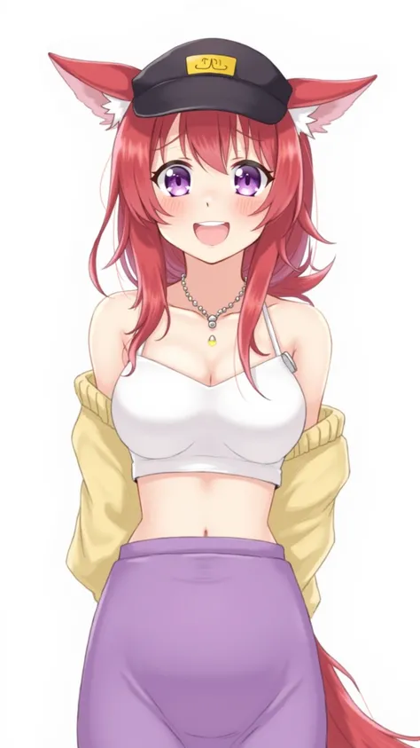 1girl, animal hat, hands behind her back, bare shoulders, purple makeup, purple manicure, purple skirt, blush, chest, taxi driver's cap, necklace, neckline, collarbones, cowboy shot, crop top, face mark, false animal ears, fang, sweat drops, gloves, jewelr...