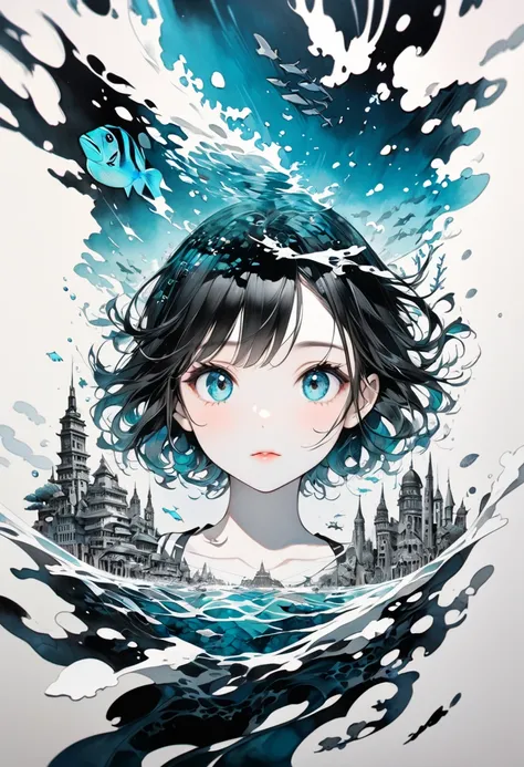 Underwater City、 monochrome Tiffany blue , Paper cutting,  best quality, Super Fine, 16k,  Incredibly High Resolution ,  extremely detailed outdoors,  Delicate and Dynamic,  Fusion of Watercolor and Oil Paintings ,  Mixed Black and Color ,  Portrait of a C...