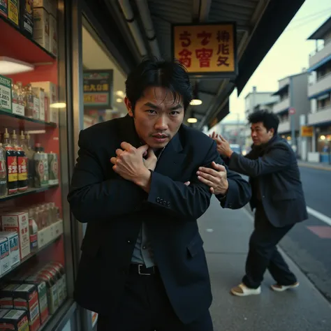 "A young Yakuza violently grabs a shopkeeper by the collar outside a small store. His face is cold and threatening as he demands payment, while another Yakuza smashes a product display in the background