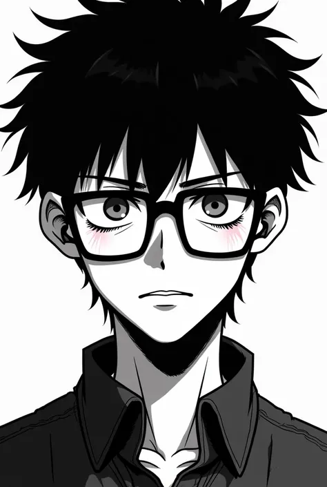 
A boy of approximately 18 years old with a look of resentment but who causes respect, wearing slightly large square lenses, short hair in a black and white manga drawing style 