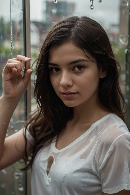 a girl is watching the beauty of rain throughout a  closed clear glass window