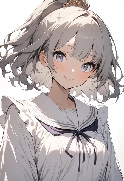 {{masterpiece、 attention to detail, perfect eyes}}、(( white background、from front, medium shot、 cowboy shot、 eye level shot 、Solo Shot)) 1 girl、(Gray Hair、wavy hair 、 medium hair 、 ponytail、 hair ornament)、 white eyes、Standing、smile、 white sailor dress、whi...