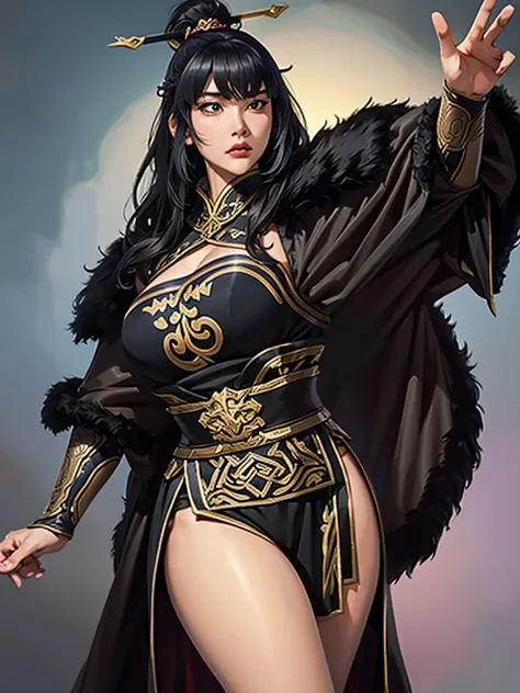  Koei Three Kingdoms Style, 1 woman,  sexy expression ,  huge boobs,  wide hips ,  thick thighs,  slender waist ,  Looking straight ahead,  black long haired , black curly hair, 일자  bangs ,  bangs ,  dark eyed, Chinese general armor, Full body armor,  Viki...