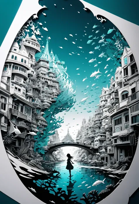 Underwater City、 monochrome Tiffany blue , Paper cutting,  best quality, Super Fine, 16k,  Incredibly High Resolution ,  extremely detailed outdoors,  Delicate and Dynamic,   Portrait of a Cute Girl , Three-dimensional effect expressed by light and dark, E...