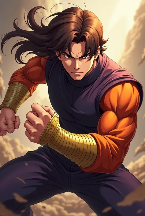 man,  brown hair , dark purple sleeveless t-shirt with deep orange long sleeves, with gold bandages that cover from their elbows to their fists, with a classic fighting pose , Anime fighting style.