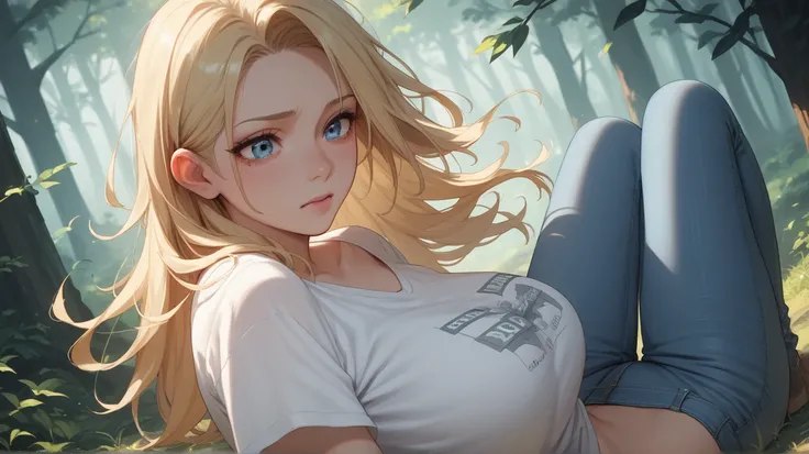 Dimly lit forest. A woman is shedding tears, her shoulders shaking. Her hair is swaying in the wind.
She is wearing a white t-shirt and half jeans.
Her hair is short and blonde.
She has light blue eyes.
She has large breasts. She is a former idol.
She has ...