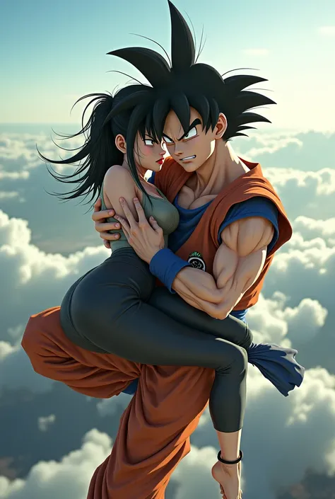 Goku wearing torn clothes , She carries a black-haired woman in her arms, flying, 8K,  Realistic photo 