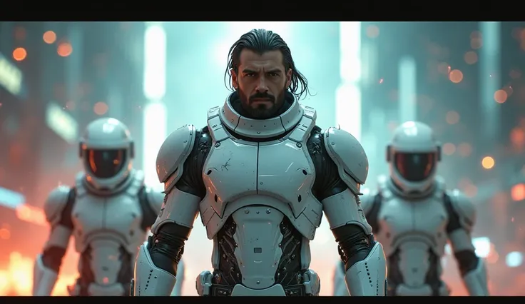 ( Futuristic cyberpunk photograph :1.4)  style of a fierce cyborg man with dark brown hair and a beard with a mustache ,  wearing a tight white tactical suit ,  showing advanced mechanical improvements and visible circuits . Standing with confidence, accom...