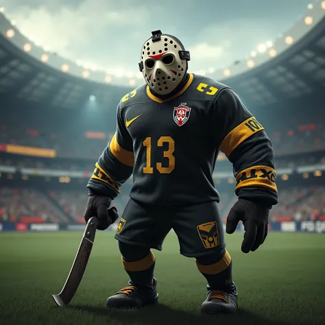 I want to create an Ajax soccer mascot, by Jason Vorhess wearing a black and gold team jersey,  in a soccer stadium, With a machete, And in the uniform with the number 13