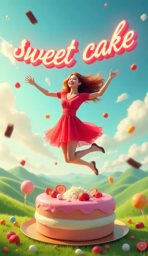  Photoshot jumping ,  a black long haired Korean woman ombre red, smile ,  jumping on a giant pudding ,  wearing a red dress , above the sky there is 3D writing "sweet qkae " LIT ,  around it there is a fruit strewn , chocolate hovering , white clouds , gr...