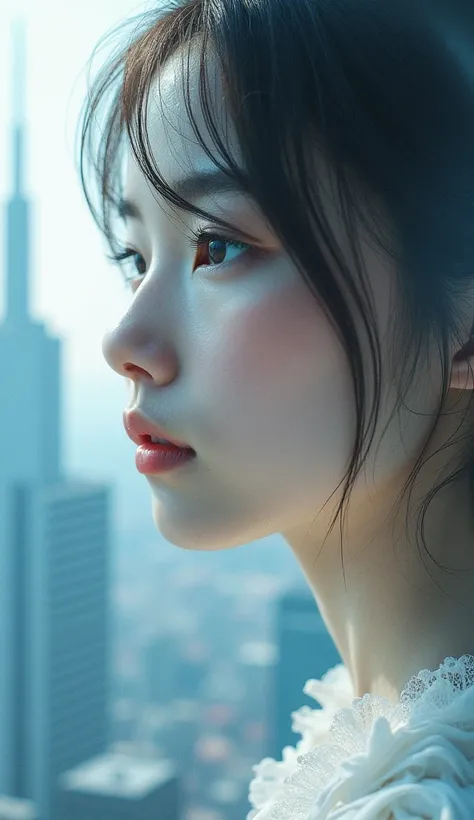 
" futuristic cityscape , towering skyscrapers,  Korean Girl，Partially transparent mixed ,  blends in with the girl's face .  The girl has smooth skin ,  The skyline of the city softly reflects . Her expression is calm and contemplative ,  long eyelashes c...