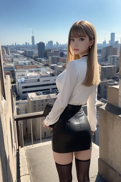  black(( micro pencil skirt overlooking the city from the top of a hill、 stockings、 pin heels))、White blouse、 1 girl、 blonde、 Straight Bob Hair 、Medium breast、 skinny body、Earrings、(Narrow backstreets、Brick wall、Carrying a business bag over your shoulder )...