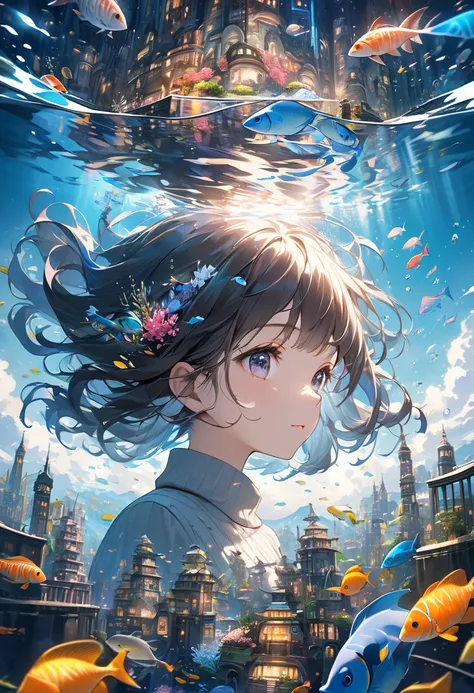 Underwater City、 best quality, Super Fine, 16k,  Incredibly High Resolution ,  extremely detailed outdoors,  Delicate and Dynamic,   Portrait of a Cute Girl , Three-dimensional effect expressed by light and dark, Eye-catching effects, Contemporary Art