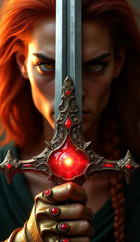 " Create the dramatic scene of a character holding an epic sword with a highly detailed design .  The sword is positioned vertically in the center ,  dividing the character's face in half .  In the guard of the sword ,  a large red crystal in the shape of ...