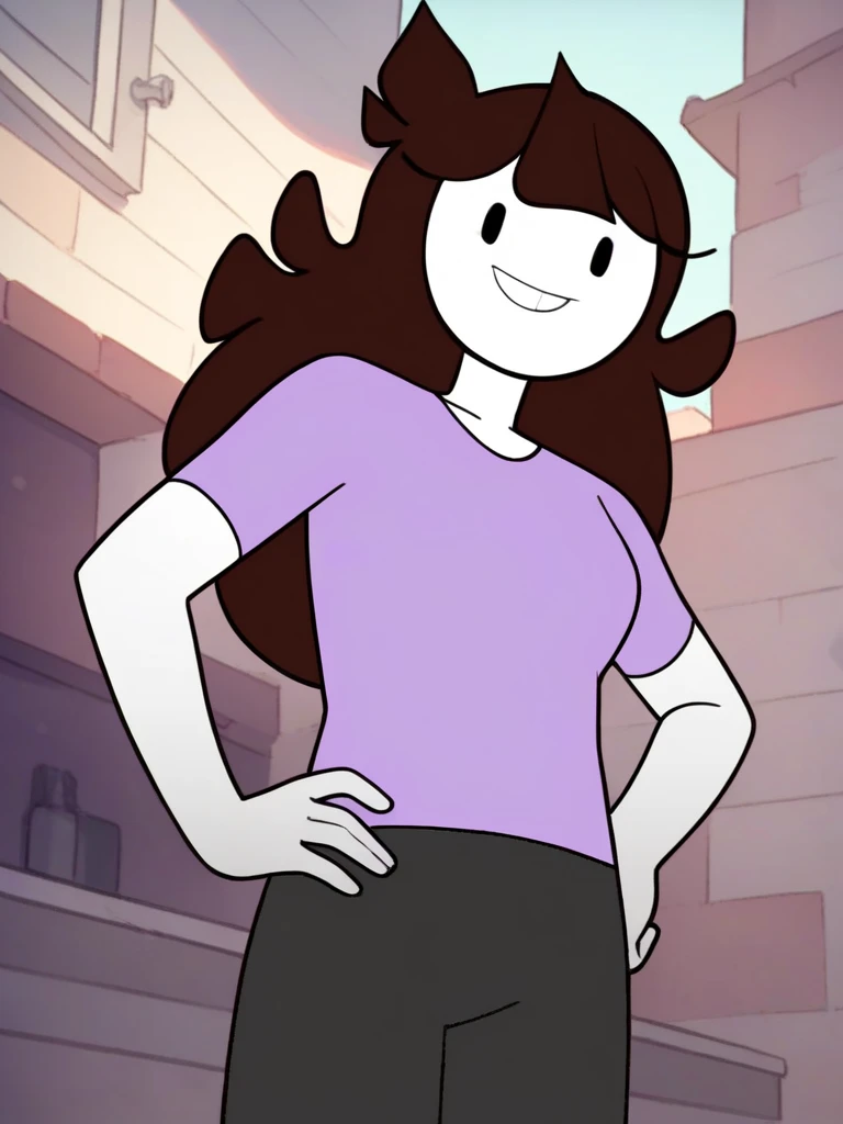 jaiden, 1girl, purple shirt, long hair, solo, brown hair, flat color, short sleeves, white skin, grey pants, black eyes,looking at viewer, hand on own hip,smile,  outside, score_9, score_8_up, score_7_up, score_6_up 