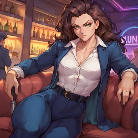 strong female wearing a navy blue business suit, wearing a navy blue suit pants, has brown straight hair, has green eyes, sitting on a seat inside of a nightclub, looks dominant, has an annoyed look on her face, snarky, looks unimpressed, is the boss, musc...