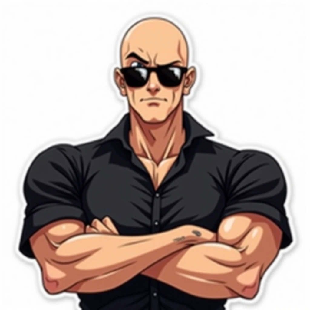 a anime of a bald man with a black shirt,anime style,wearing sunglasses, Raised Right Eyebrow expression, white background, emote,portrait, front view,telegram sticker, dynamic pose, crossed arms
