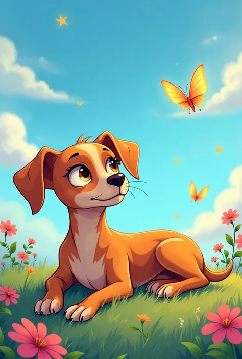 Skinny caramel dog lying on the lawn,  looking at the blue sky with fluffy clouds .  illustration style  , vibrant and saturated colors,  with dreamy expression and glowing eyes .  Background detailed with flowers and butterflies . Visual trend :  pastel c...