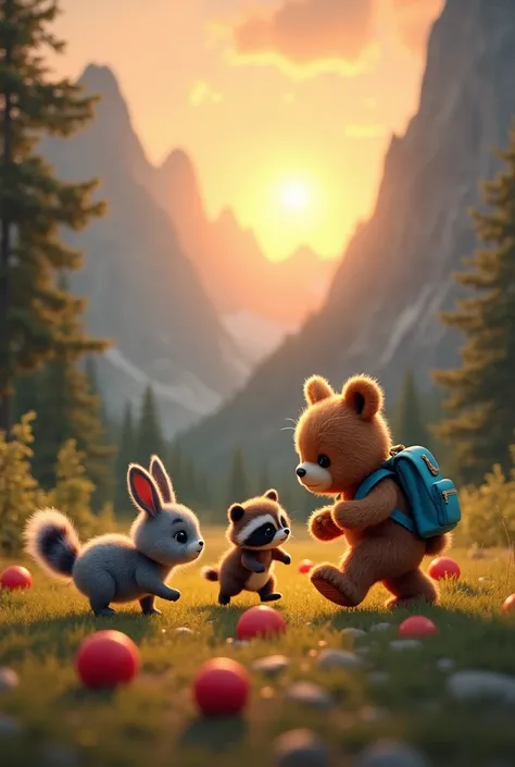 The sun begins to hide behind the mountains without blurring.
Little gray bunny, Little raccoon and teddy bear with his blue backpack playing the red ball.