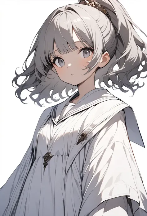 {{masterpiece、 attention to detail, perfect eyes}}、(( white background、from front, medium shot、 cowboy shot、 eye level shot 、Solo Shot)) 1 girl、(Gray Hair、wavy hair 、 medium hair 、 ponytail、 hair ornament)、 white eyes、Standing、 expressionless 、Small Mouth、...