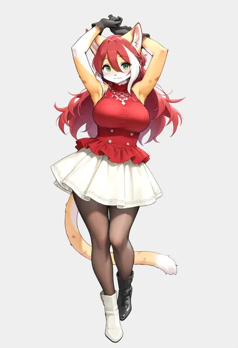 1girl, (furry, kemono:1.4), cat girl, animal nose, cat ears, cat tail, mature female, green eyes, long hair, red hair, armpits, streaked hair, multicolored hair, hair between eyes, white hair, breasts, gloves, pantyhose, dress, sleeveless, sleeveless dress...