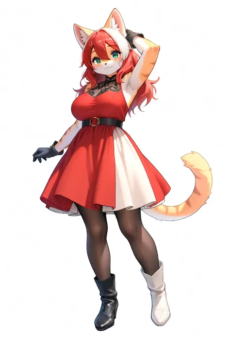 1girl, (furry, kemono:1.4), cat girl, animal nose, cat ears, cat tail, mature female, green eyes, long hair, red hair, armpits, streaked hair, multicolored hair, hair between eyes, white hair, breasts, gloves, pantyhose, dress, sleeveless, sleeveless dress...