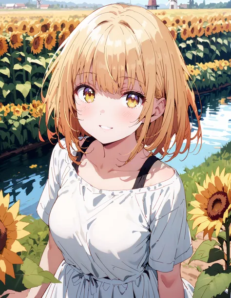 It&#39;s so dizzying, Mahiru Shiina,Alone, bangs,   blonde hair,  Hair,  yellow eyes,smile,blush, open their mouths, half up, straw hat,Medium breast, Off Shoulder Dress,Short sleeve, long skirt , Heeled Sandals, standing,whole bodyがイラストに入るように,
break looki...